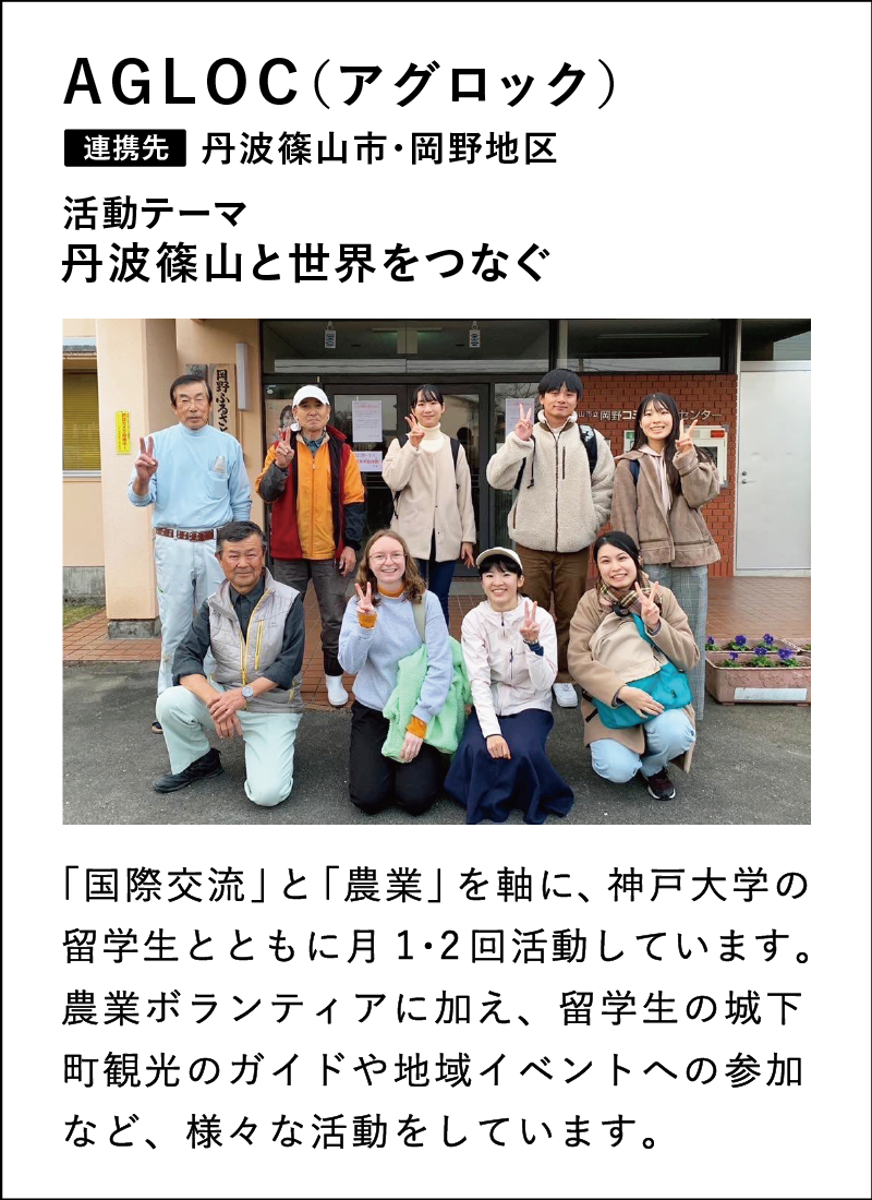 「国際交流」と「農業」を軸に、神戸大学の留学生とともに月1･2回活動しています。農業ボランティアに加え、留学生の城下町観光のガイドや地域イベントへの参加など、様々な活動をしています。